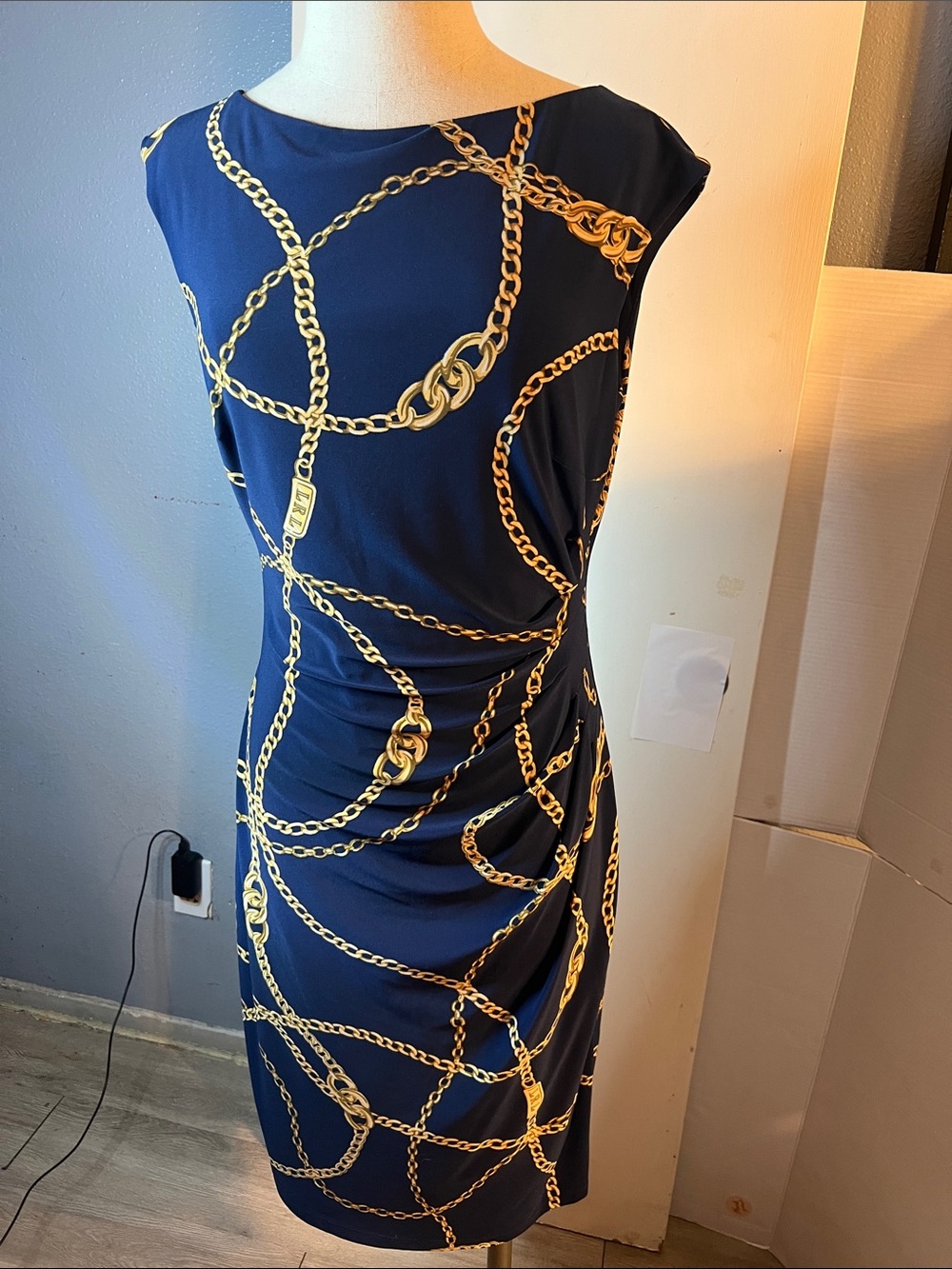 Ralph Lauren Navy and Gold Chain-Print Midi Dress